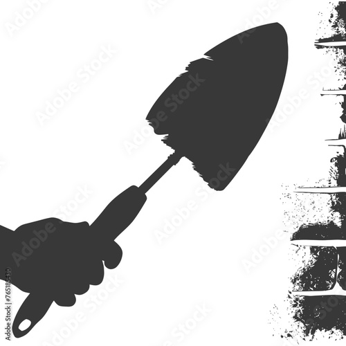 Silhouette hand holding brick trowel for construction black color only
