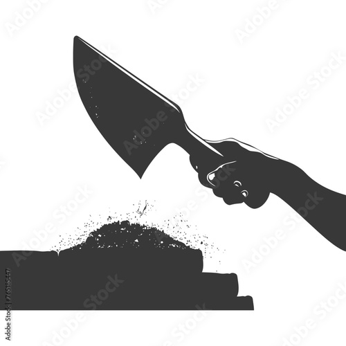 Silhouette hand holding brick trowel for construction black color only