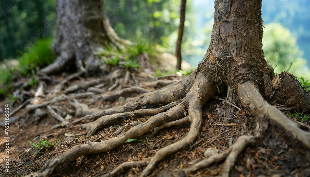 Close-up of forest floor with big tree trunk roots. Beautiful nature. Spring or summer season. Blurred forest Close-up of forest floor with big tree trunk roots. Beautiful nature. Spring or summer season. Blurred forest