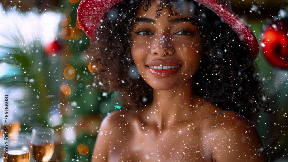 Black young woman close-up. Christmas and new year decorations background, with glass balls. Black woman wearing a red Christmas hat. Christmas social media marketing. Generative AI. Black young woman close-up. Christmas and new year decorations background, with glass balls. Black woman wearing a red Christmas hat. Christmas social media marketing. Generative AI.