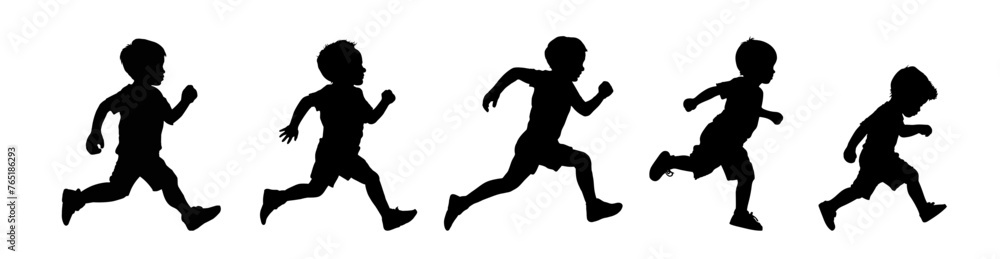 Set of silhouettes of a running boy