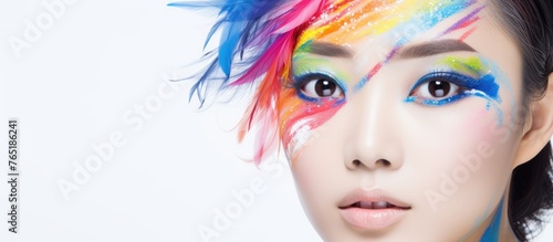 Woman with vivid hair and makeup, healthcare worker examines patient's neck