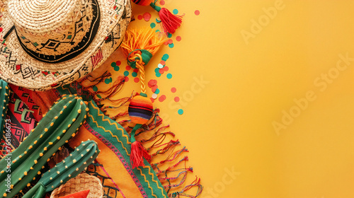 Mexican Fiesta Celebration and Cinco de Mayo Party Concept  Jalapeno Necklace  Vibrant Maracas  Thematic Cactus  Traditional Rug  and Sombrero Confetti on Bright Yellow Background with Ample Copy Spac