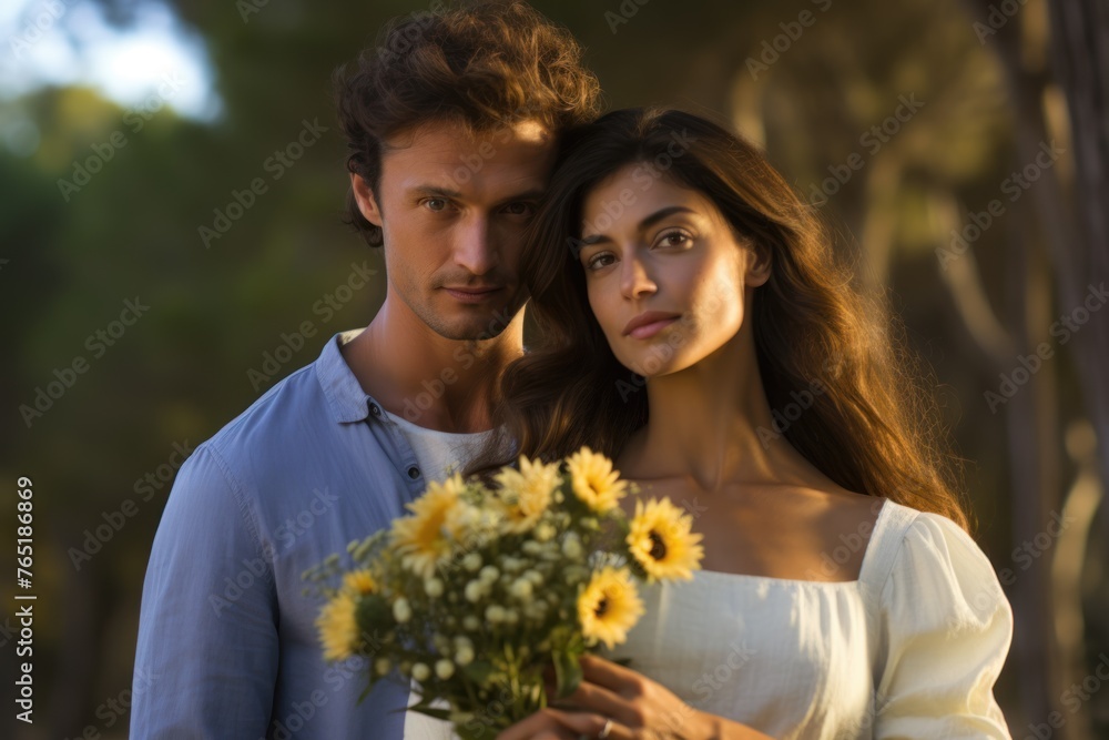A couple in a romantic embrace with sunflowers, captured in a warm, natural setting, evoking a timeless love story, ideal for lifestyle and relationship themes