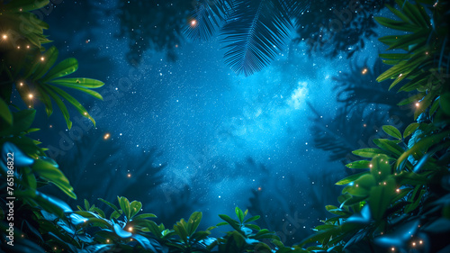 Glowing celestial scene through tropical palm leaves at night