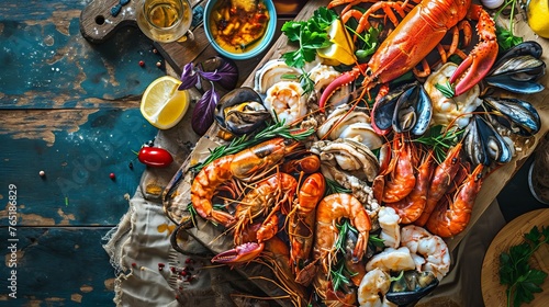 An opulent seafood platter overflowing with fresh crustaceans and shellfish, embodying the essence of a coastal feast, perfect for seafood markets, culinary arts, and gastronomy-focused content. photo