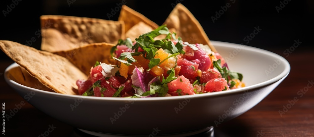 Bowl of snacks with salsa and chips on a table Bowl of snacks with salsa and chips on a table