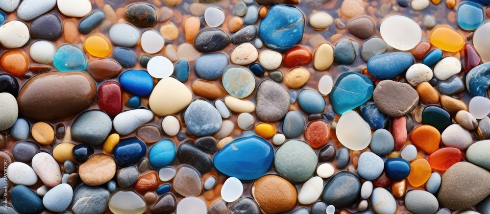 Colorful glass pebbles covering the entire beach Colorful glass pebbles covering the entire beach