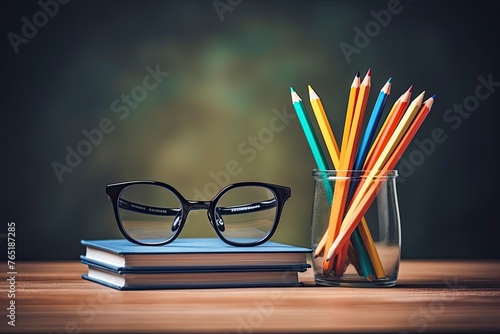 Glasses teacher books and a stand with pencils on the table, on the background of a blackboard with chalk. The concept of the teacher's day. Copy space - generative ai