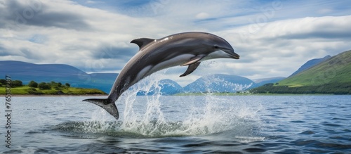 Dolphin leaping with backdrop of mountains © Ilgun