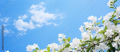 White blossom tree under clear blue sky