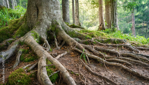 Close-up of forest floor with big tree trunk roots. Beautiful nature. Spring or summer season. Blurred forest © hardvicore