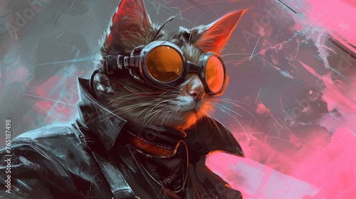 A digital illustration of a cat dressed as a pilot with stylish goggles and a leather jacket, set against a vibrant pink and blue background