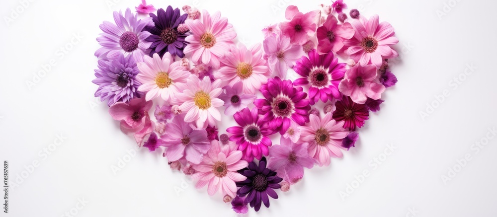 Heart made of pink and purple flower petals on white