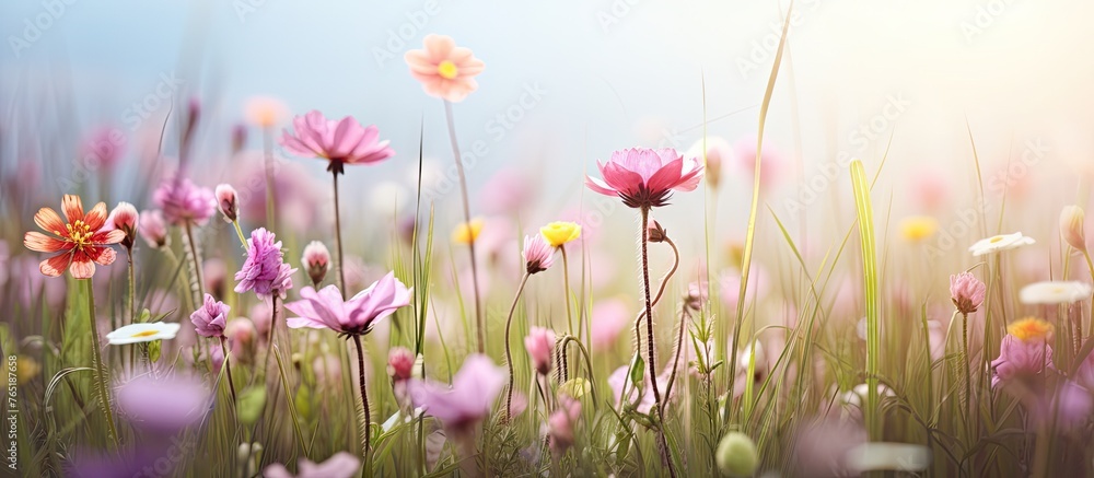 Colorful flowers bloom in a sunny meadow