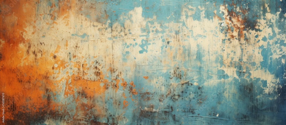 Abstract art of rusted paint on blue and orange backdrop