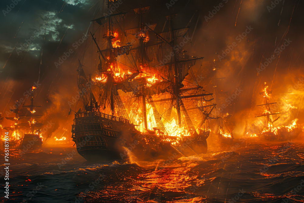 Obraz premium Flames of War: A Naval Battle Scene with a Ship Engulfed in Fire