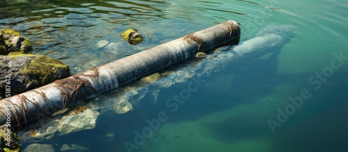 Pipe submerged in water with distant rock