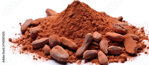 Close-up of cocoa beans and cocoa powder