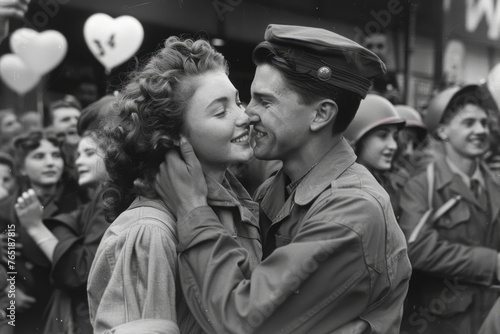 Embracing Victory: A Soldier's Reunion with His Nurse Girlfriend at the 1945 World War II Celebration