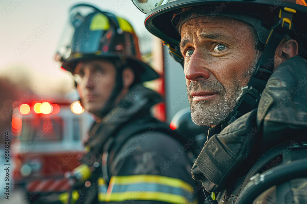 Brave Firefighters in Uniform and Helmets Stand Proudly Near Fire Truck Brave Firefighters in Uniform and Helmets Stand Proudly Near Fire Truck