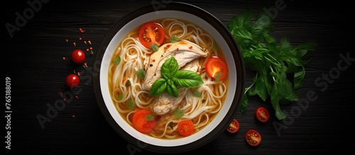 Bowl of soup with noodles and tomatoes