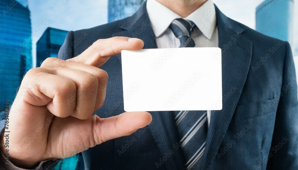 Businessman holding a Blank Business Card - Empty Business Card for Mockup - Template for Logo Design and Branding - Representation of Succesful Person