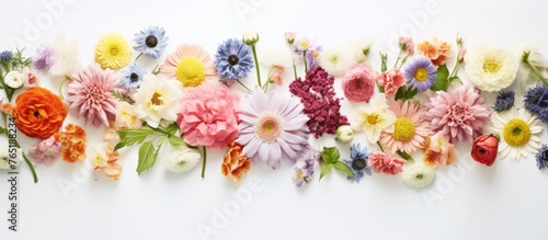 Various flowers in a line on white surface photo