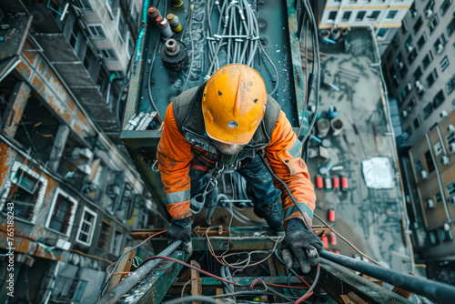 High-flying Electrical Workers: Top-Down View of Repairing Electrical System photo