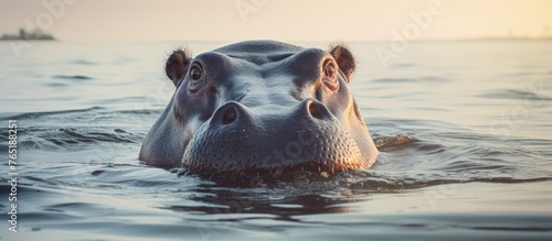 Hippo floating in river with head above water