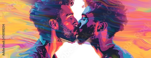 Watercolor digital illustration of two men kissing. Panoramic banner with Pride month concept