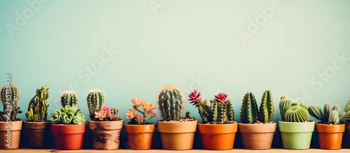 A row of cactus plants in pots on a wooden table