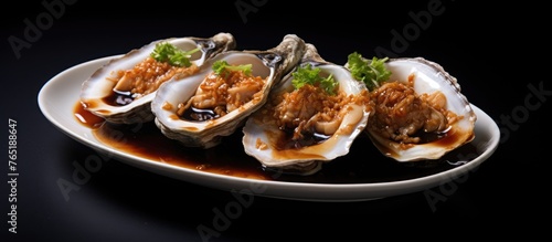 Three oysters with sauce and garnish on a plate