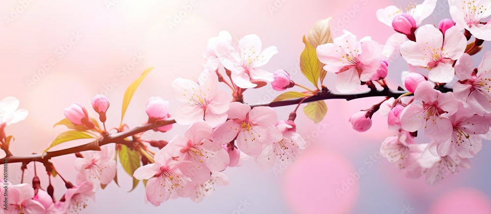 Pink cherry tree branch close-up with blossoms