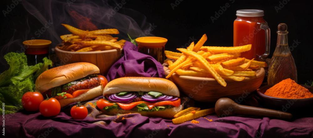 Two huge aesthetic sausage burgers with fries, lettuce and tomatoes on a wooden board, black background, wide format 2 Two huge aesthetic sausage burgers with fries, lettuce and tomatoes on a wooden board, black background, wide format 2
