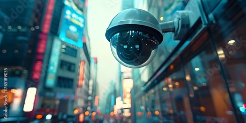 City surveillance camera with facial recognition technology monitoring urban activity in a public space. Concept Privacy Concerns, Technology Surveillance, Urban Security, Facial Recognition