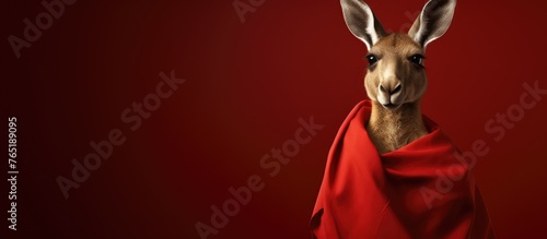 Red kangaroo with pouch inspecting