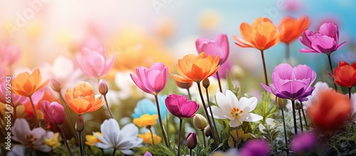 Vibrant tulips in a field under a clear sky