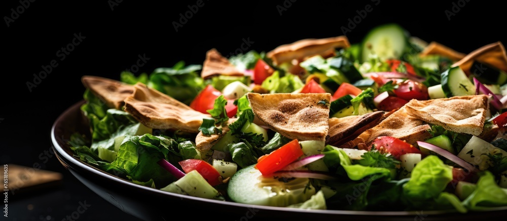Bowl of fattoush salad with toasted pita chips and fresh vegetables