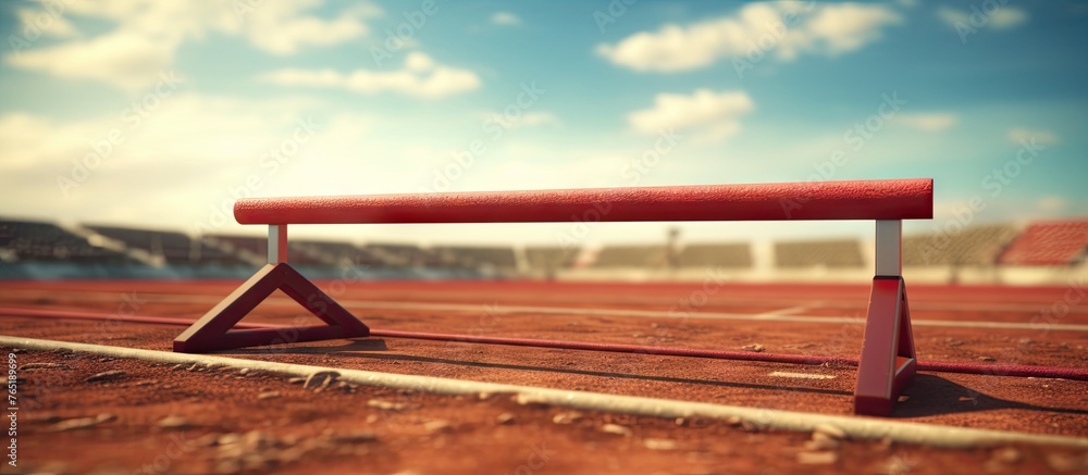 Red bench on track with hurdle rack under sky Red bench on track with hurdle rack under sky