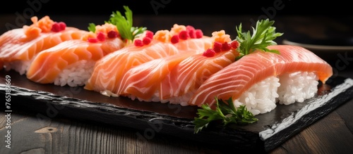 Closeup of sushi with salmon and rice on black plate