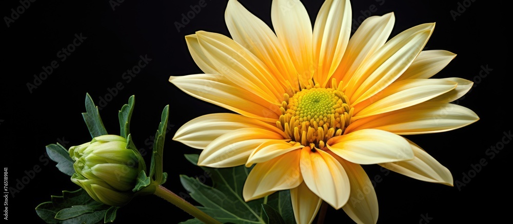 Beautiful yellow flower and green leaves on dark backdrop Beautiful yellow flower and green leaves on dark backdrop