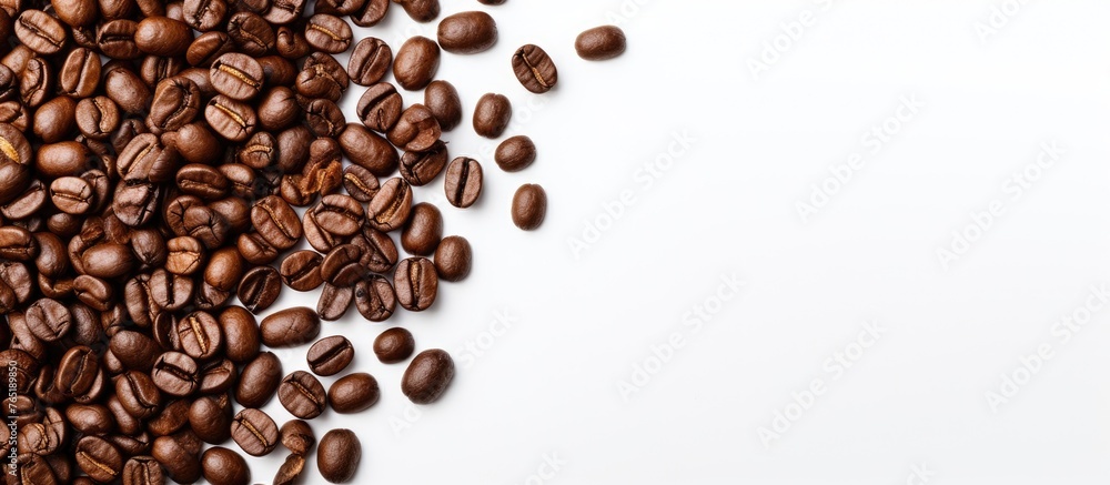 Close-up of coffee beans on white surface Close-up of coffee beans on white surface