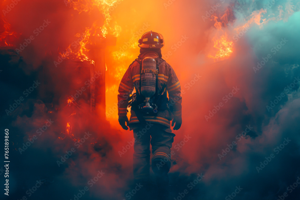 Brave firefighter emerging from burning building in full gear against dark smoky backdrop Brave firefighter emerging from burning building in full gear against dark smoky backdrop