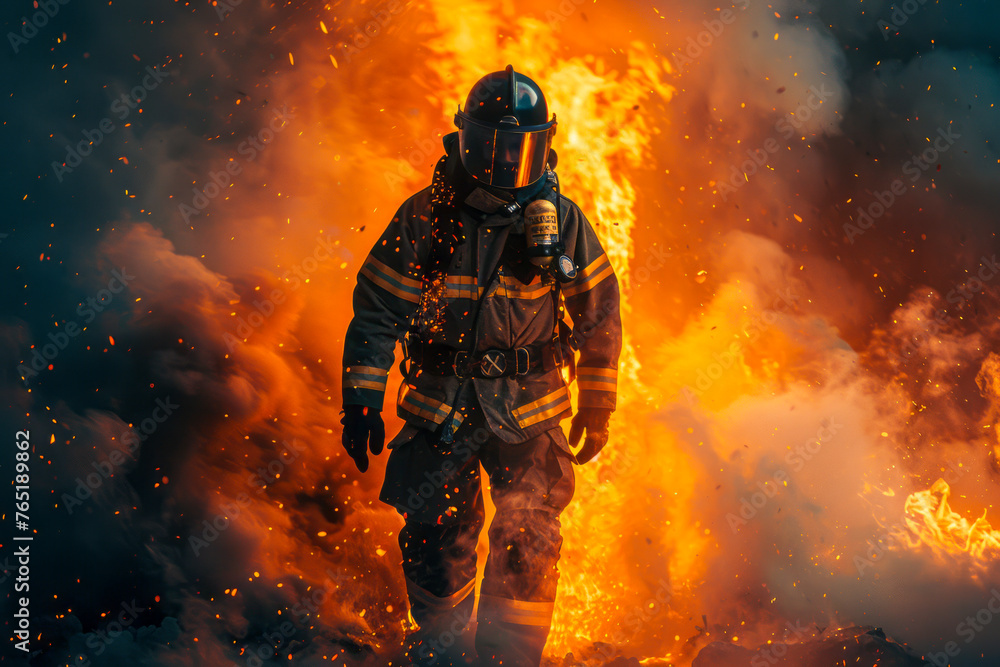 Brave Firefighter Emerges from Blaze: Dramatic Image of Hero in Action Brave Firefighter Emerges from Blaze: Dramatic Image of Hero in Action