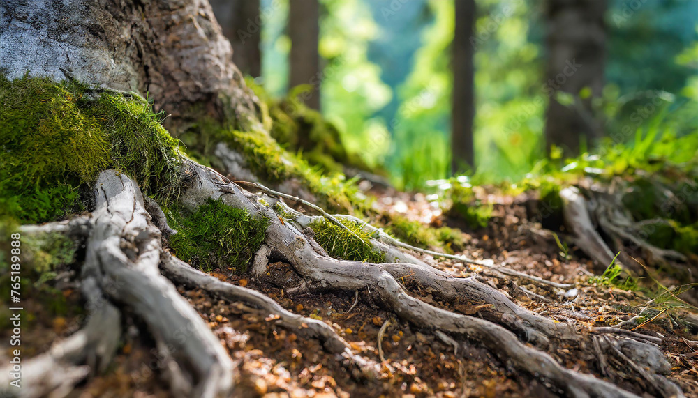 Close-up of forest floor with big tree trunk roots. Beautiful nature. Spring or summer season. Blurred forest Close-up of forest floor with big tree trunk roots. Beautiful nature. Spring or summer season. Blurred forest