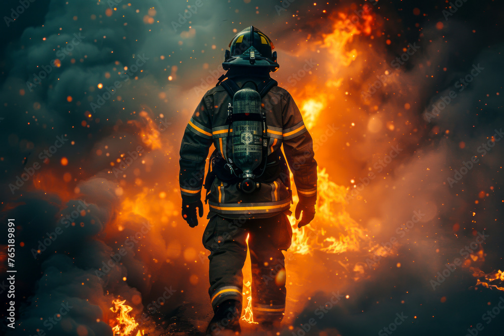 Fototapeta premium Brave Firefighter Emerges from Burning Building Amidst Dark Smoke