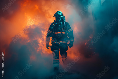 Brave Firefighter Emerges from Burning Building Against Smoky Background © Fernando Cortés