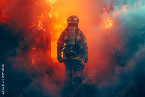 Brave firefighter emerging from burning building in full gear against dark smoky backdrop