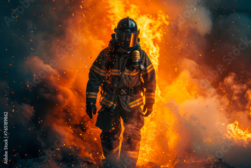 Brave Firefighter Emerges from Blaze: Dramatic Image of Hero in Action © Fernando Cortés